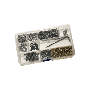Polyformer fasteners kit with M3 button-head screws, washers, nuts, heat-set inserts, magnets, drill bit, and Allen key