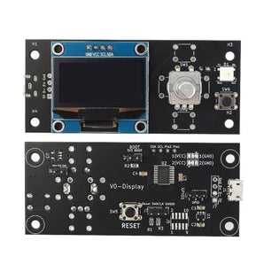 FYSETC Voron V0_Display 1.3 inch OLED controller PCB with rotary encoder, reset/kill buttons, USB port, GPIO header, and onboard Neopixel